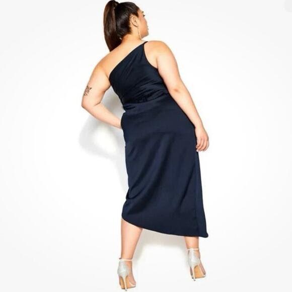 NEW City Chic Plus Size S 16 Sensual Satin Evening Dress One Shoulder Navy Blue - Picture 2 of 7